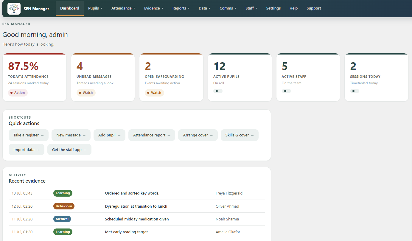 SEN School Manager dashboard