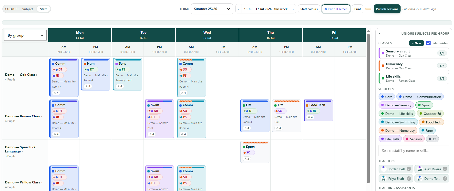 The SEN School Manager timetable planner